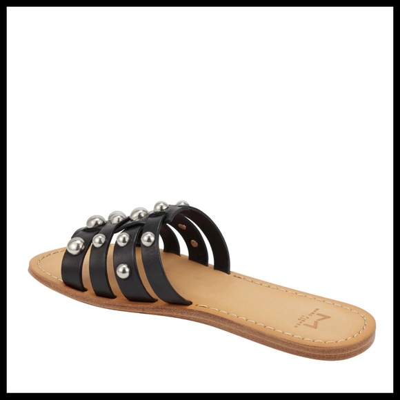BLACK LEATHER SANDALS SLIDES MARC FISHER SLIP ONS STUDD CAGED FLATS A2C - Picture 13 of 16